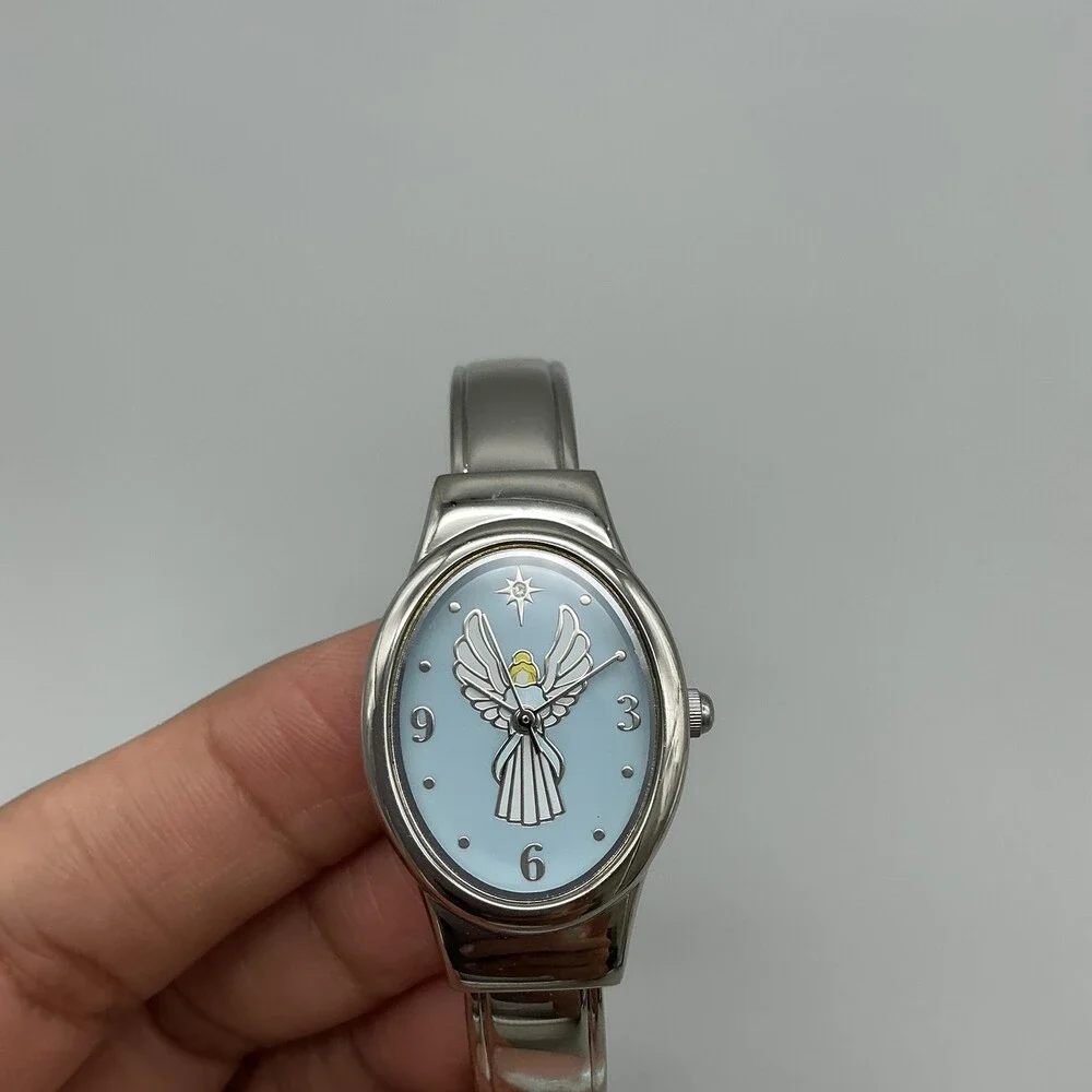 Angel Design Womens Watch 23mm Blue Oval Dial Silver Tone Cuff New Battery